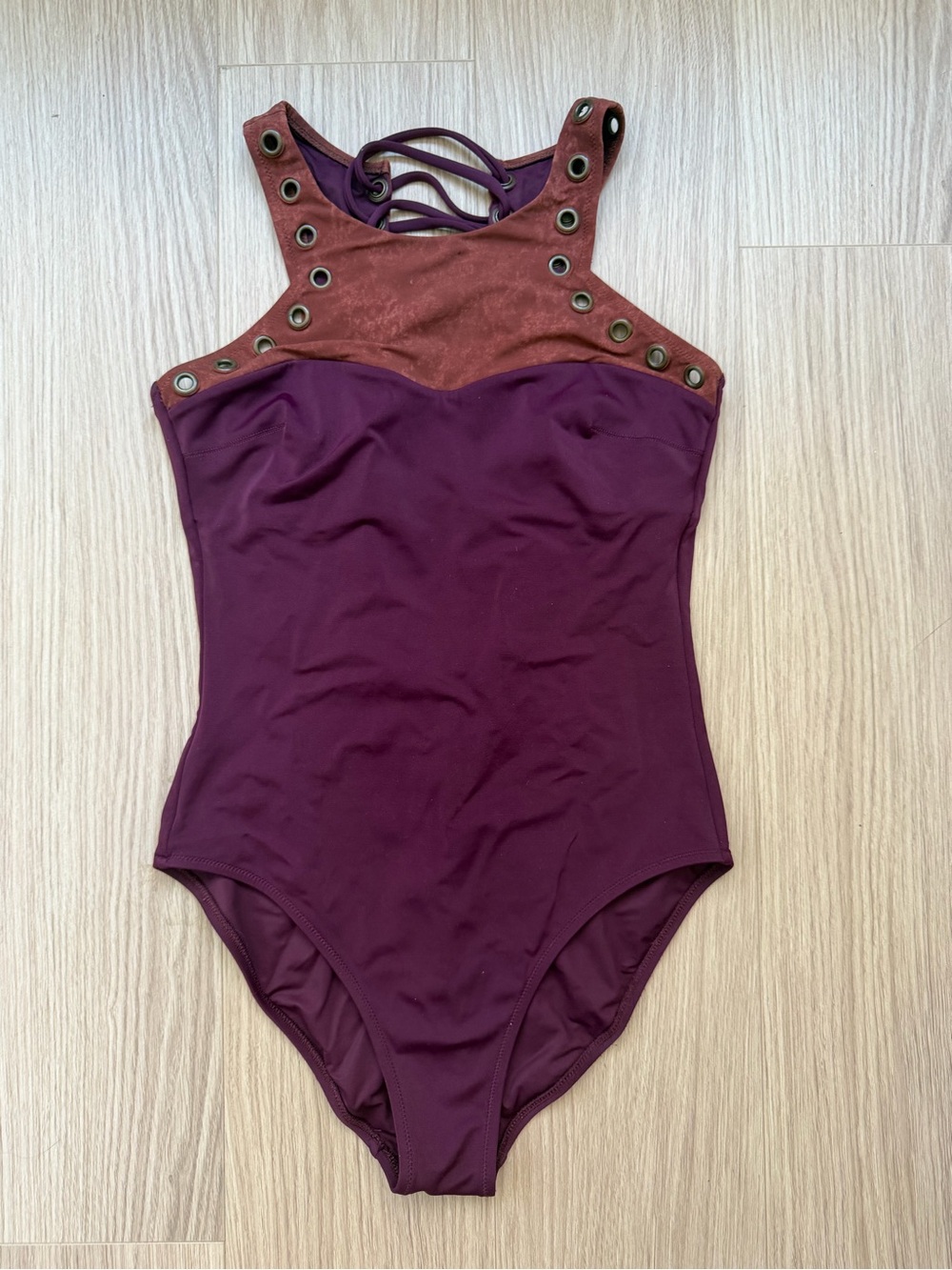 Zingara Maroon One Piece Swimsuit with Brown Leather-like detail